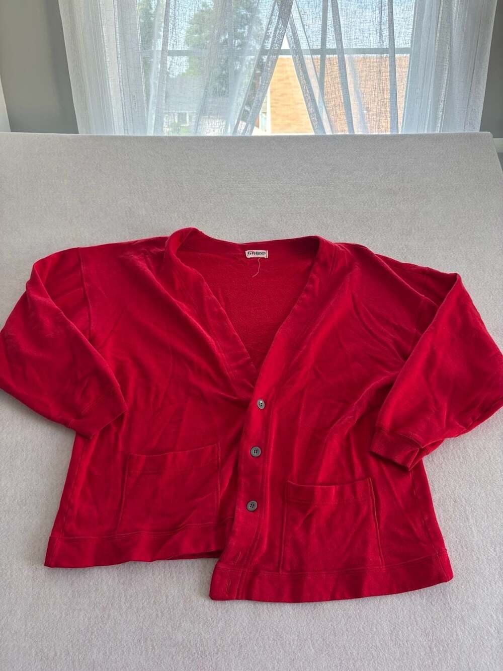 1970s Vintage Hanes Red Fleece Button-Front Cardigan Sweatshirt with Pockets